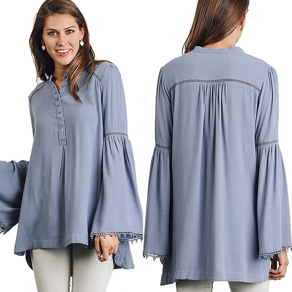 Umgee Popover Tunic Long Trumpet Sleeves Blue Med - Picture 9 of 13